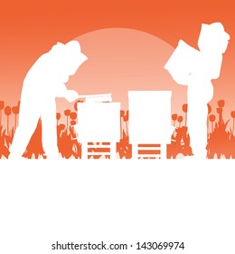 Beekeeper working in apiary and pollinating flowers vector background landscape