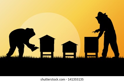 Beekeeper working in apiary vector background
