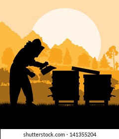 Beekeeper working in apiary vector background