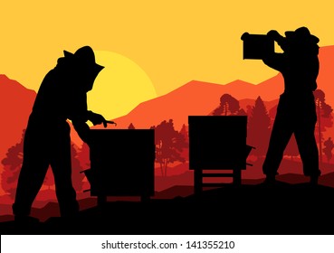 Beekeeper working in apiary vector background