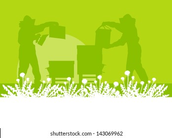 Beekeeper working in apiary vector background landscape