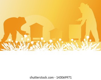 Beekeeper working in apiary vector background landscape