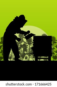 Beekeeper working in apiary vector background with sunflower field