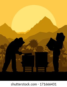 Beekeeper working in apiary vector background with sunflower field