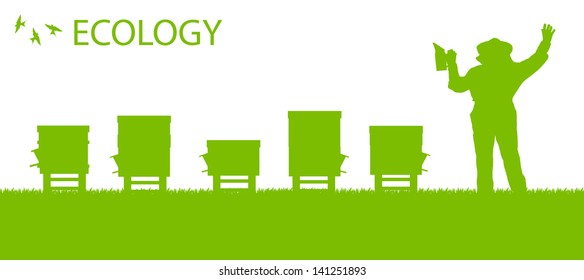 Beekeeper working in his apiary vector background ecology concept