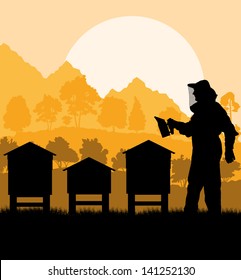 Beekeeper working in his apiary vector background