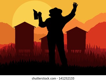 Beekeeper working in his apiary vector background