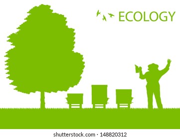 Beekeeper working in his apiary vector background ecology concept