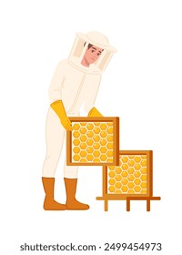 Apicultor que trabaja con el marco de madera del panal. Trabajador de Profesional con uniforme especial para trabajar con abejas. Ilustración vectorial aislada sobre fondo blanco.