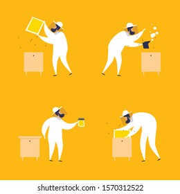 Beekeeper works with beehives, takes out a honeycomb. Honey. Flat style vector illustration.