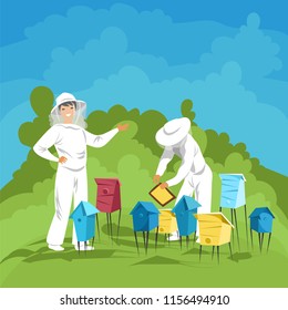 beekeepers in the apiary. employees of the apiary to collect honey