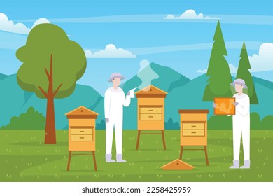 Beekeepers at apiary, work with hives and honey bees 2d vector illustration concept for banner, website, illustration, landing page, flyer, etc