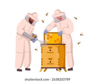 Beekeepers at apiary work with hives and honey bees. People in beekeepers suit gather honey at apiculture farm. Characters using smoker, holding beehive frames, honeycomb. Flat vector illustration.