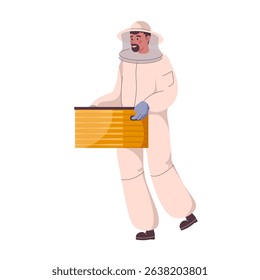 Beekeepers at apiary work with hives and honey bees. Man in beekeepers suit gather honey at apiculture farm. Character holding wooden house or beehive frames, honeycomb. Flat vector illustration.