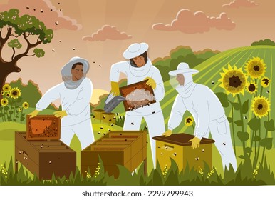 Beekeepers with beehives. Workers in apiary collect honey. Farm with hives and bees. Apiarists with uniforms in field with insects and flowers. Colored summer banner. Cartoon flat vector illustration