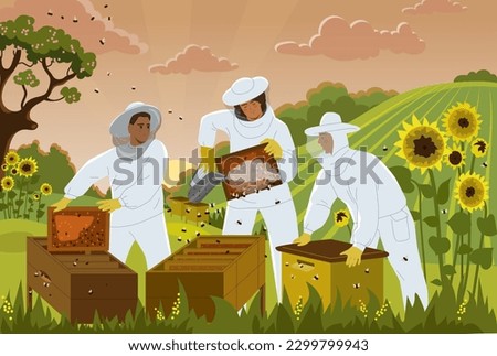 Beekeepers with beehives. Workers in apiary collect honey. Farm with hives and bees. Apiarists with uniforms in field with insects and flowers. Colored summer banner. Cartoon flat vector illustration