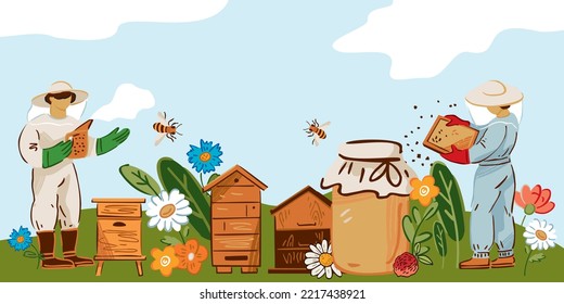 Beekeepers collect honey in an apiary in wild nature. Beekeeping and people in protective suits next to a hive, jar with honey, swarm of bees. Group of men harvest honey. Cartoon vector illustration.