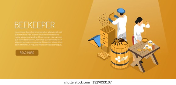 Beekeepers during honey production isometric horizontal banner on pale brown background vector illustration