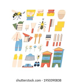 Beekeeper's kit. Tools for honey extraction. Clothing for protection against bees. Flat vector illustration. Hobby