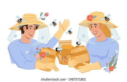 Beekeepers man and woman offer their honey products, flat vector illustration isolated on white background. Friendly apiarist for honey and beekeeping products.