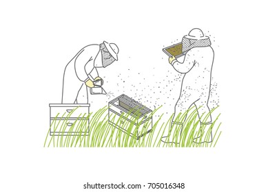 Beekeepers, a man and a woman in protective suits, fumigate bees and collect honey.