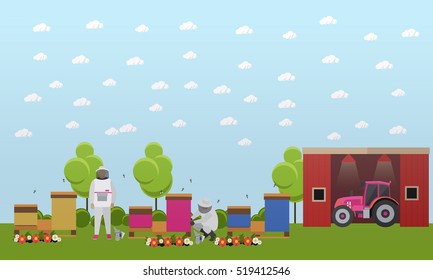 Beekeepers men in uniform working on village apiary near farm. Apiculture concept vector illustration in flat style.