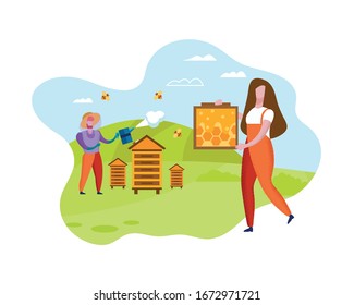 Beekeepers on Apiary Pump out Honey. Nature Honey. Vector Illustration. Healthy Organic Food. Produced by Natural Products. People and Organic Production. Workers at Apiary. Fresh Honey Product.