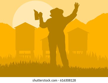 Beekeepers standing near bee hives vector background landscape