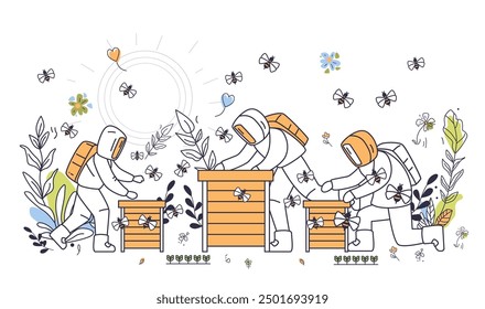 Beekeepers tending hives sustainable eco-friendly farming concept line art illustration with bees plants and sun minimalistic style