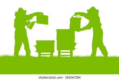 Beekeepers working in apiary vector background ecology concept card