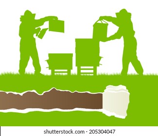 Beekeepers working in apiary vector background ecology concept card or poster with ripped paper copy space