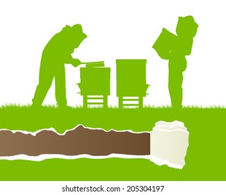 Beekeepers working in apiary vector background ecology concept card or poster with ripped paper copy space