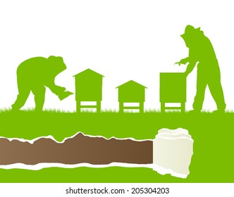 Beekeepers working in apiary vector background ecology concept card or poster with ripped paper copy space