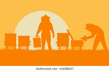 Beekeepers working with bees and hives vector background landscape