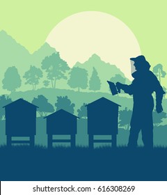 Beekeepers working with bees and hives vector background landscape with trees