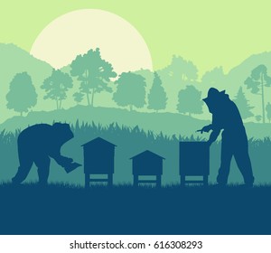 Beekeepers working with bees and hives vector background landscape with trees