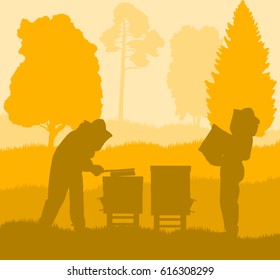 Beekeepers working with bees and hives vector background landscape with trees