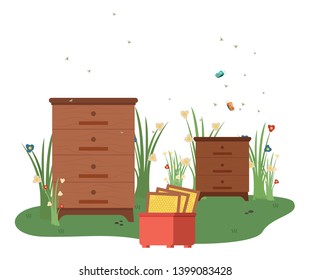 Beekeeping and agriculture vector, utilities for apiray flying bees and wax, honey contemporary farming with tools, grass with flowers and flourishing bloom. Tools for honey apiary