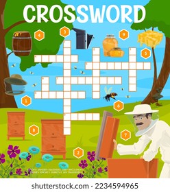 Beekeeping and apiary crossword grid worksheet. Find a word quiz vector game puzzle with cartoon beehives, honey, bee, honeycomb and beekeeper, beekeeping hat, smoker. Apiculture fill in squares game