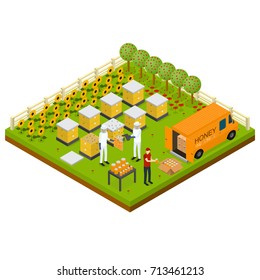 Beekeeping Apiary Farm Isometric Concept Isometric View with Farmers and Bee. Vector illustration of Beekeepers