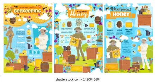 Beekeeping apiary farm and natural honey food production posters with infographic elements. Vector beekeeper with smoker collecting honey in honeycombs from beehives, bees flying on flowers