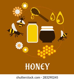 Beekeeping, apiary and fresh Honey concept with flowers, bees, pollen and a bottle and jar of dripping honey. Flat style