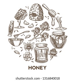 Beekeeping and apiary honey products tools apiculture and farming vector sketch organic food beehive and honeycomb flower pollen bee and clover candy bar and preserved jars dipper treat or dessert