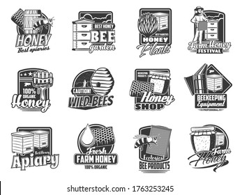 Beekeeping apiary isolated icons with vector bees, honeys, beehives and honeycombs. Beekeeper, beekeeping farm hive, honey jar and drop, wooden dipper and flower monochrome symbols, apiculture design