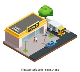 Beekeeping apiary isometric composition of honey shop building with visitors and workers unloading goods vector illustration