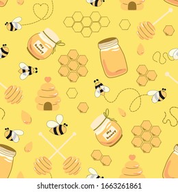 Beekeeping apiary yellow wallpaper. Bee honey seamless pattern.