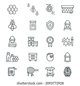 Beekeeping and apiary-related thin line icons stock illustration. The icons include Honeycombs, bee colony, beehive, beehive frame, honey bee, beeswax, bee protection, apiarist, beekeeper, apiculture