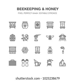 Beekeeping, apiculture flat line icons. Beekeeper equipment, honey processing, honeybee, beehives types, natural products. Bee garden, apiary thin linear signs, organic farm shop. Pixel perfect 64x64