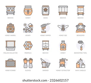 Beekeeping, apiculture line icons. Beekeeper equipment, honey processing, honeybee, beehives types, natural. Bee garden thin linear signs for organic farm shop. Orange Color. Editable Strokes