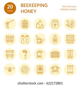 Beekeeping, apiculture line icons. Beekeeper equipment, honey processing, honeybee, beehives types, natural products. Bee-garden thin linear signs for organic farm shop. Orange, yellow color